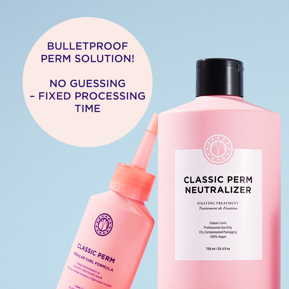 Pink perm solution bottles with text on a light blue background